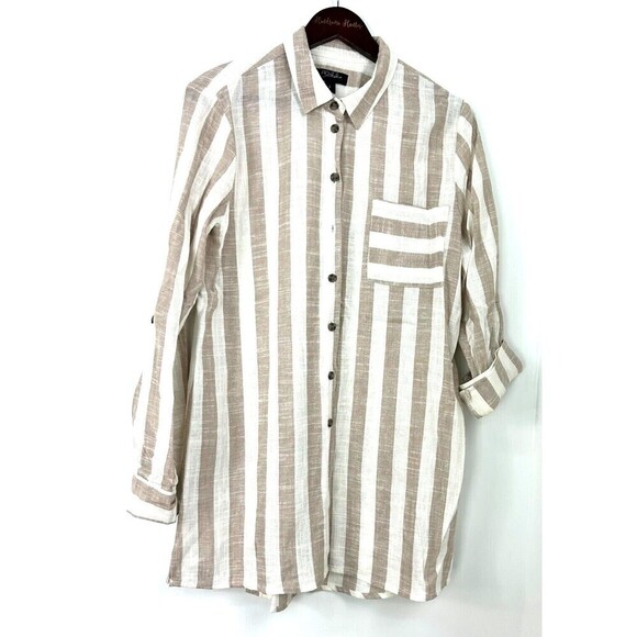 Anthropologie Rd & Koko Womens Size L Linen Wide Stripe Button Down Tunic T1 - Picture 2 of 12